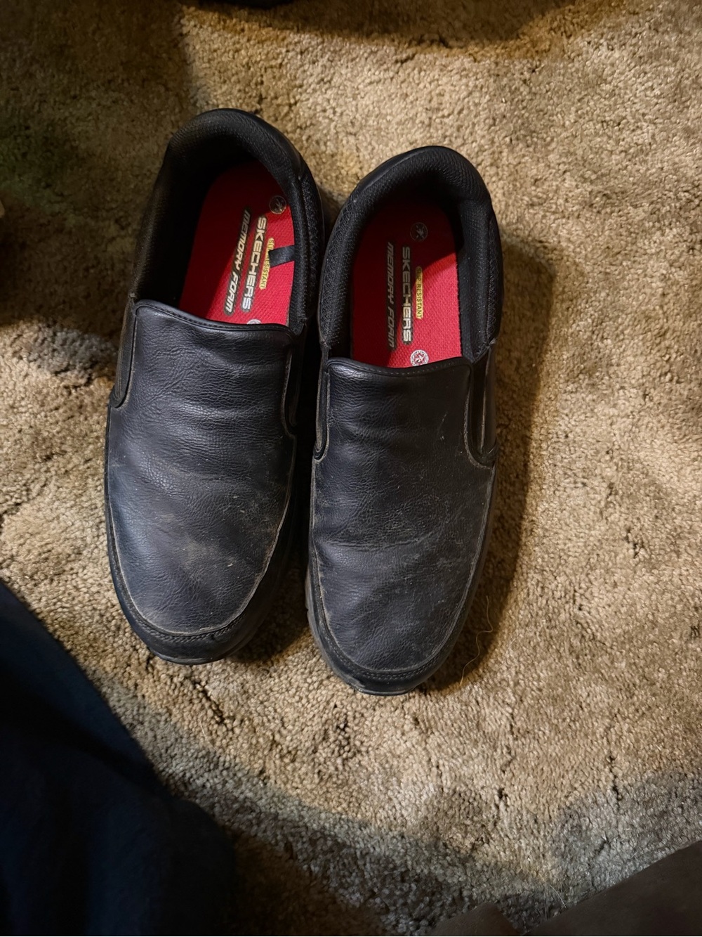 Skechers Black Slip-On Work Loafers with Red Insole